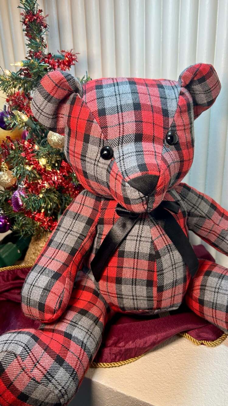 Plush Red And Gray Tartan Plaid Teddy Bear Stuffed Animal With Black Bow